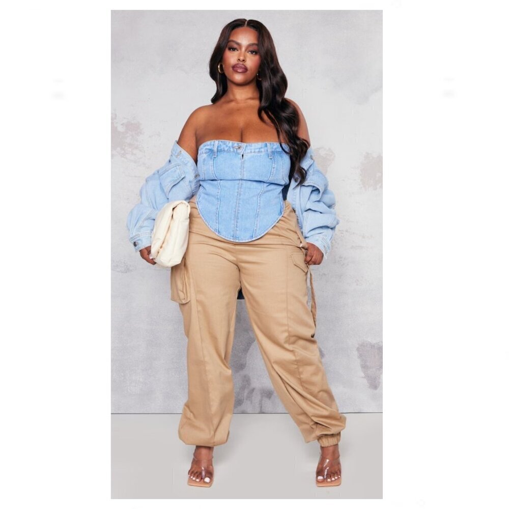 PrettyLittleThing Plus Blue Wash Jean Waistband Denim Corset Top Size 24 US - Picture 3 of 8